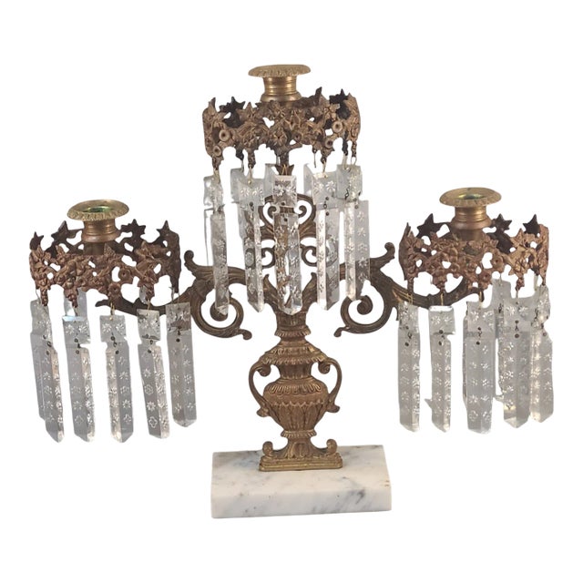 Antique Victorian Girandole Centerpiece Candelabra Original Crystal Prisms Ornate Classical Urn Marble Base #1 For Sale