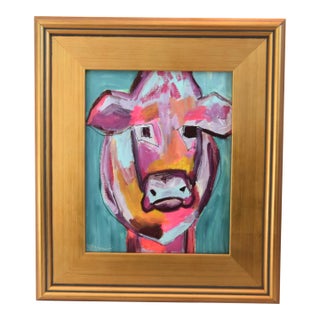 Colorful Abstract Cow Bull Portrait Painting Including the Antiqued Gold Wood Frame For Sale
