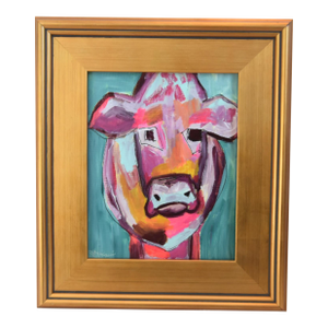 Colorful Abstract Cow Bull Portrait Painting Including the Antiqued Gold Wood Frame