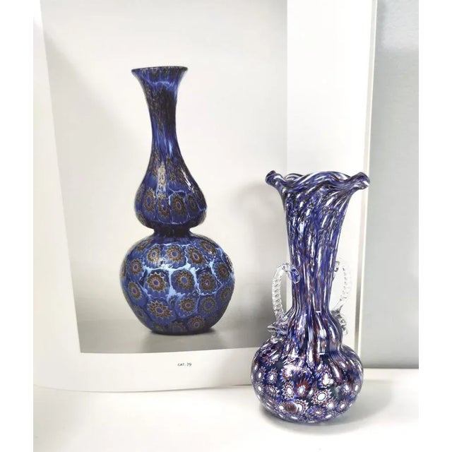 1960s Vintage Blue Murano Glass Vase with Murrines attributed to Fratelli Toso, Italy, 1960s For Sale - Image 5 of 16
