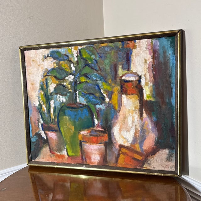 1960s Original Still Life Painting Potted Plants Vase Colorful Expressionist Framed Art For Sale - Image 4 of 12