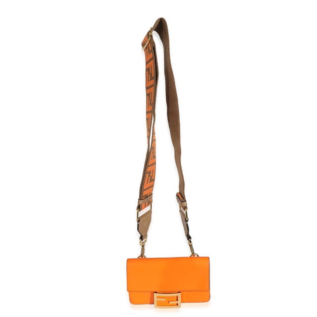 Orange Orange Calfskin Mini Flat Baguette with Brown Strap You Strap For Sale - Image 8 of 8