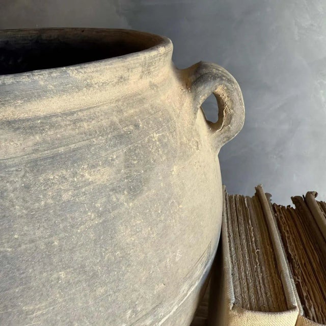 Vintage Style Matte Gray Oil Pottery With 2 Handles For Sale - Image 4 of 9