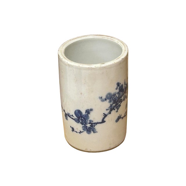 Chinese Distressed White Porcelain Blue Blossom Flower Graphic Holder Vase For Sale - Image 4 of 10