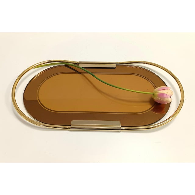 Postmodern Oval 24k Gold Plated and Bronzed Pink Mirrored Glass Tray attributed to Umberto Mascagni, 1970s For Sale - Image 3 of 12