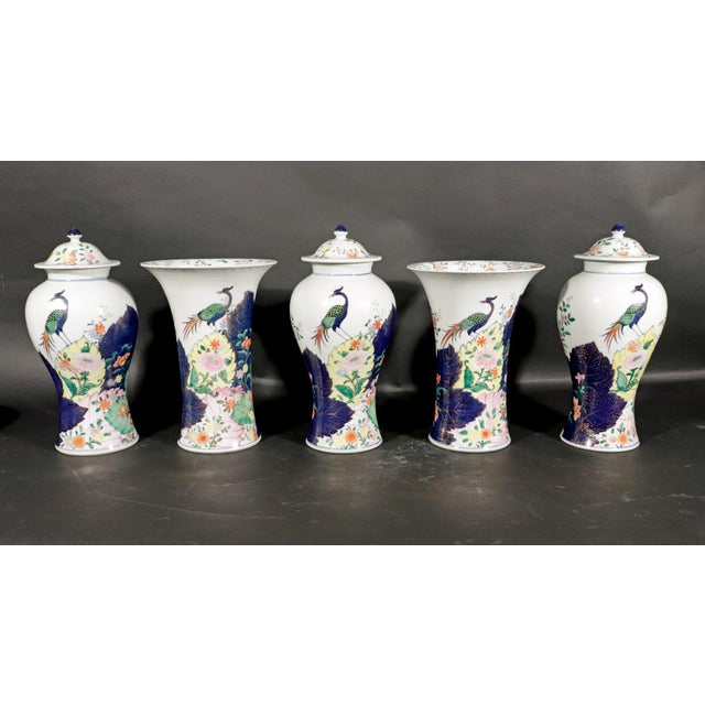 Vintage Tobacco Leaf Porcelain Garniture of Five Vases For Sale In Philadelphia - Image 6 of 17