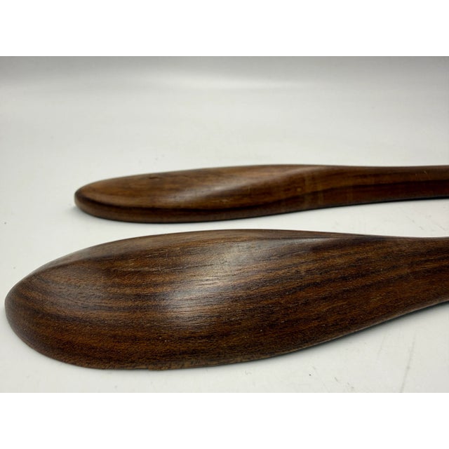Late 20th Century MCM Carved Teak Wood Mop Inlay Salad Spoon Fork Set Vintage For Sale - Image 10 of 10