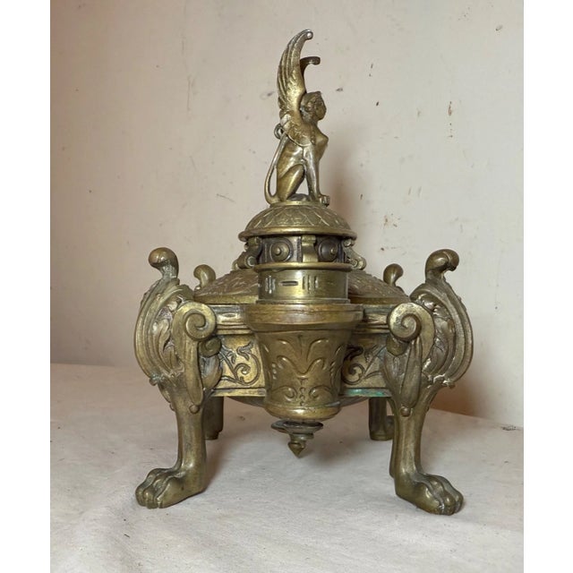 Traditional Antique Ornate 19th Century Bronze Egyptian Revival Candelabra Desk Jar Sphinx For Sale - Image 3 of 12