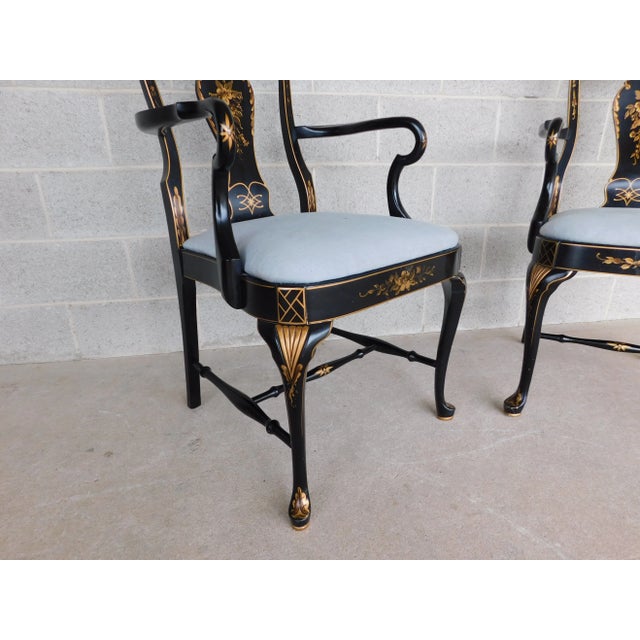 Vintage Georgian Style Chinoiserie Decorated Black Lacquer Arm Chairs - A Pair For Sale - Image 11 of 18
