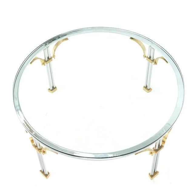Transparent Round Glass Top Chrome Legs Solid Brass Stretchers & Feet Coffee Center Table For Sale - Image 8 of 13
