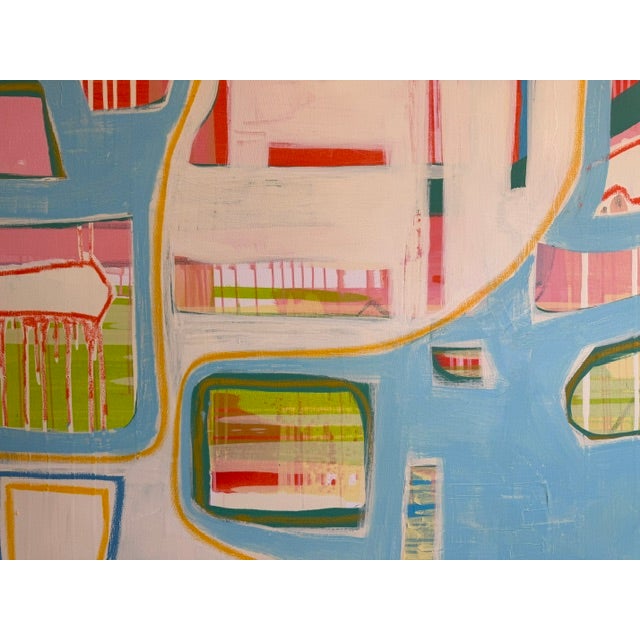 Large Contemporary Abstract Acrylic Painting – Sky Blue & Coral Geometric Grid For Sale In Atlanta - Image 6 of 10