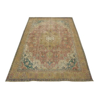 Tabriz Rug 9’8” X 12’8” Pink Wool Vintage Distressed Hand-Knotted Carpet For Sale