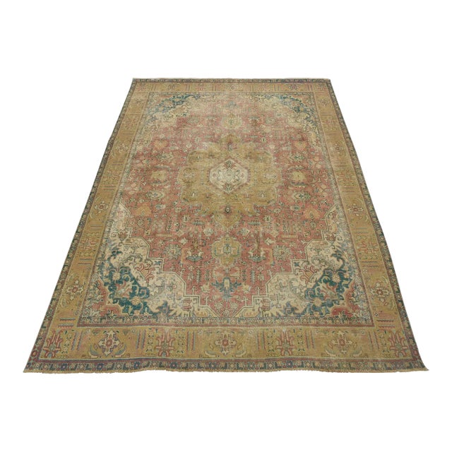 Tabriz Rug 9’8” X 12’8” Pink Wool Vintage Distressed Hand-Knotted Carpet For Sale