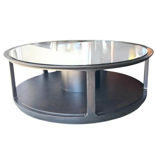 Mid-Century Modern Dunbar Round Mahogany Coffee Table – Ebonized Finish, Glass Top, Casters For Sale - Image 3 of 16