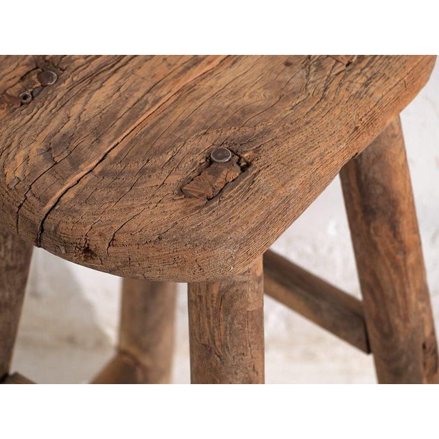 Antique Small Stool in Elm, 1900s For Sale - Image 4 of 7