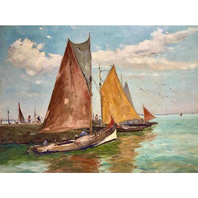 Large framed Belgian oil on canvas harbor scene with sailboats, signed A. Renson – ideal nautical wall art. A vibrant and...