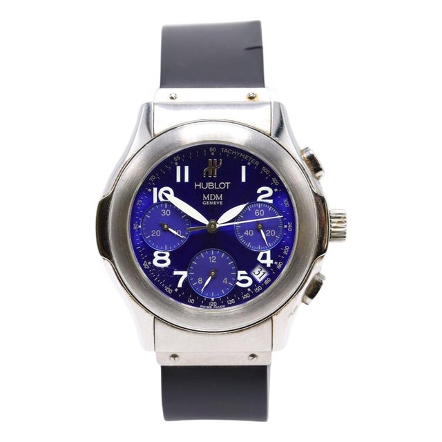 1990s Hublot Elegant MDM 1810.2 Stainless Steel Blue Dial Automatic Chronograph Watch For Sale
