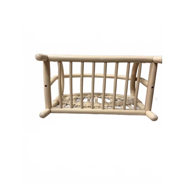 Shabby Chic Vintage Boho Whitewashed Rattan & Wicker Magazine Rack With Arched Handle For Sale - Image 3 of 5