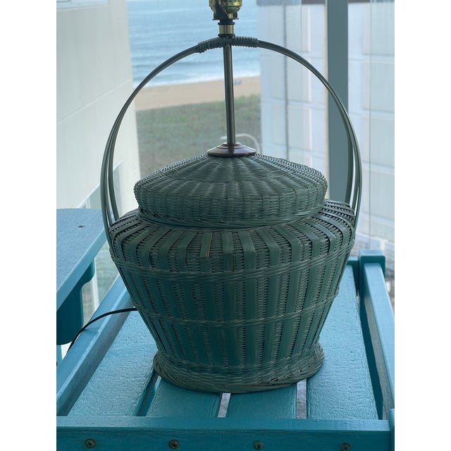 Green Vintage Painted Green Wicker Basket Style Table Lamp For Sale - Image 8 of 10