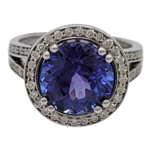 Tanzanite and White Diamond Ring in 14K White Gold, size 7.25