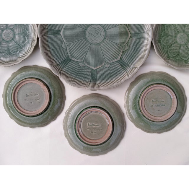 1950s Jade Green Lotus Flower Thai Celadon Stoneware Plates - 9 Pieces For Sale - Image 5 of 12