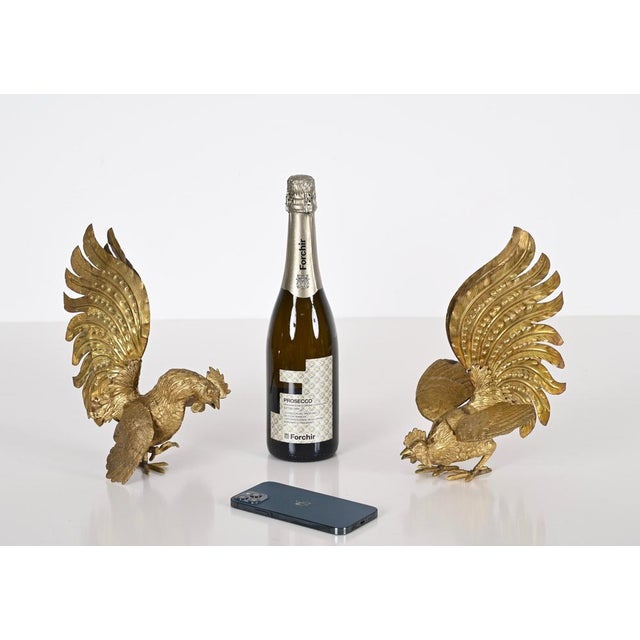 Italian Gold Plated Fighting Cockerel Ornaments, 1960s, Set of 2 For Sale - Image 6 of 16