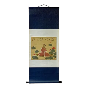Chinese Color Ink Tong Lady Lotus Flower Scroll Painting Wall Art