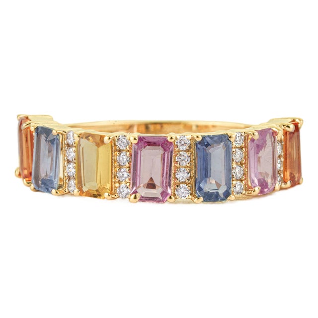 2.03 Carat Rainbow Sapphire & Diamond 14k Gold Band Ring Size 6.5 For Sale