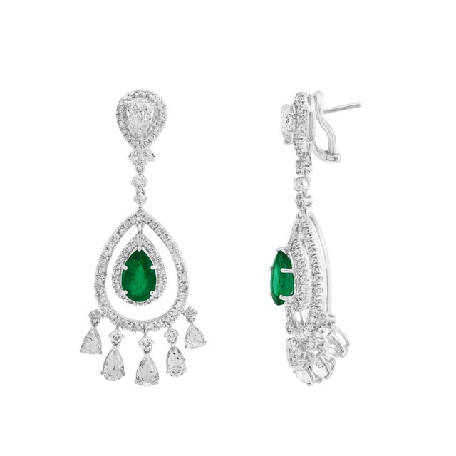 GIA Certified 6.5Ct Zambian Pear Emerald Diamond Hanging/Drop Earrings 18KW Gold For Sale - Image 18 of 18