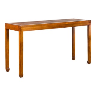 Chinese Vintage Wooden Console Table with Rattan Insert and Horse Hoof Feet For Sale