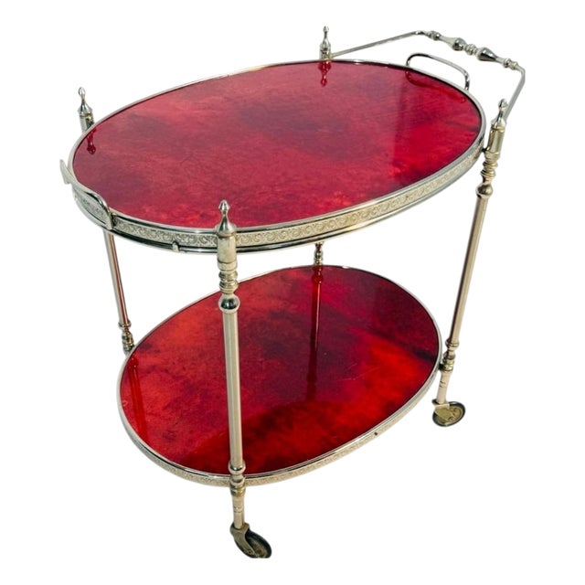 Red Goatskin Serving Bar Cart from Aldo Tura, 1960s For Sale