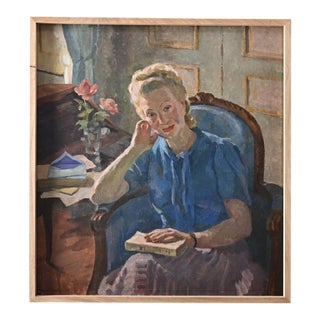 Mid 20th Century French Mid-Century Modern Oil Portrait Signed Albert Coste For Sale