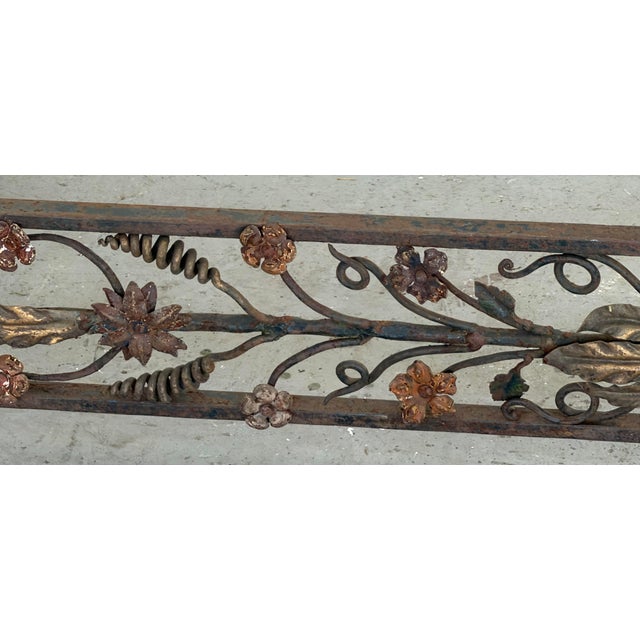 Metal Antique Italian Hand-Forged Wrought Iron Fireplace Fender, 58” Wide, Floral Scroll & Fleur-De-Lis Architectural Hearth Guard For Sale - Image 7 of 12