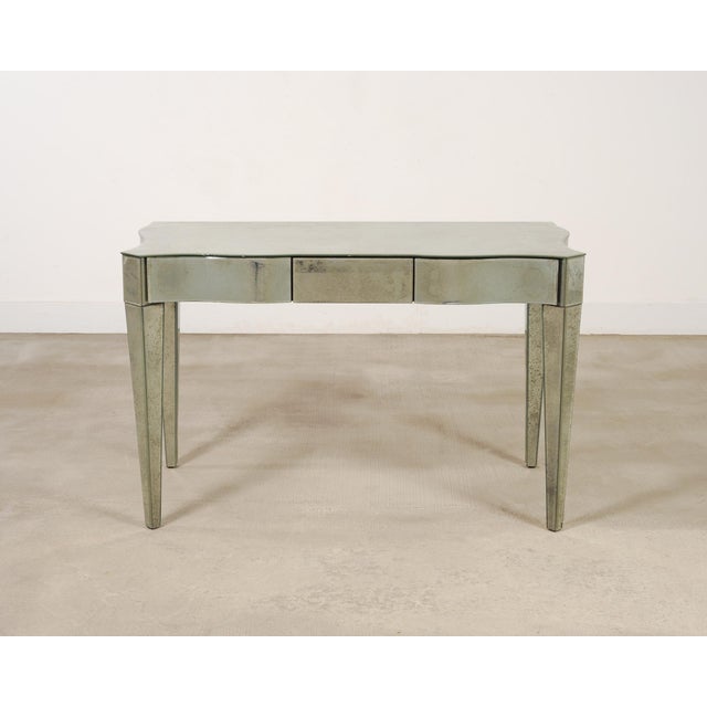 Hollywood Regency Antiqued Serpentine Mirrored Vanity Dressing Table or Desk For Sale - Image 3 of 15