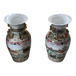 Large Late 20th Century Chinese Porcelain Palace Vases With Views of the Hongs - Set of 2