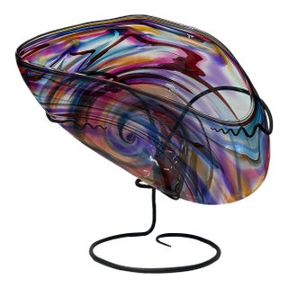 Huge David Goldhagen Studio Blown Art Glass Vessel, Custom Iron Stand, American For Sale