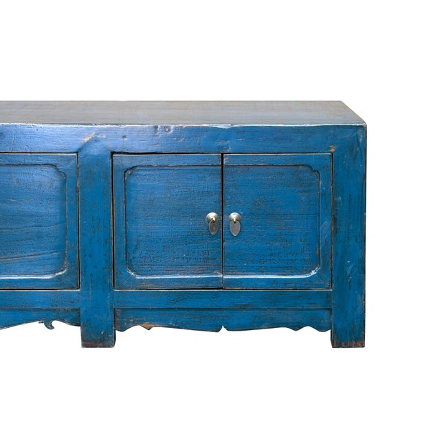 Wood Vintage Distressed Cerulean Blue Doors Low Tv Stand Console Table Cabinet For Sale - Image 7 of 12