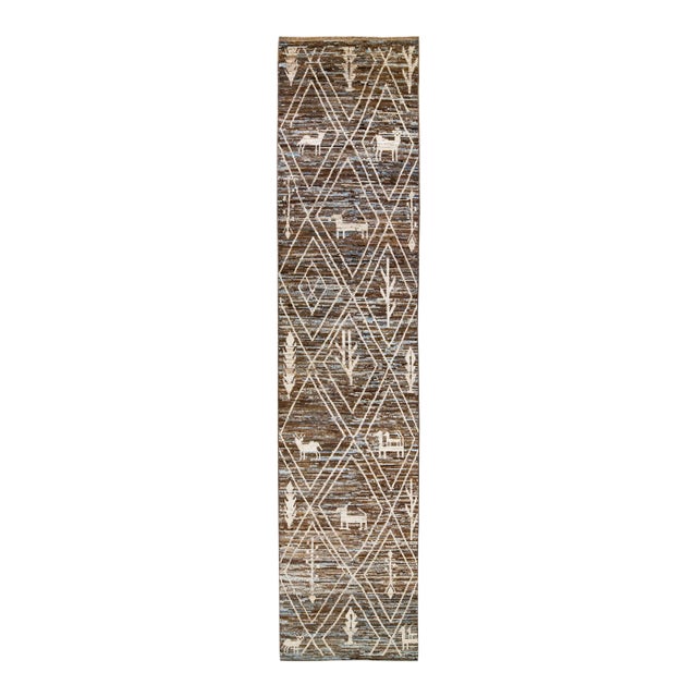 Modern Moroccan Style Handmade Brown Wool Runner With Tribal Pattern For Sale