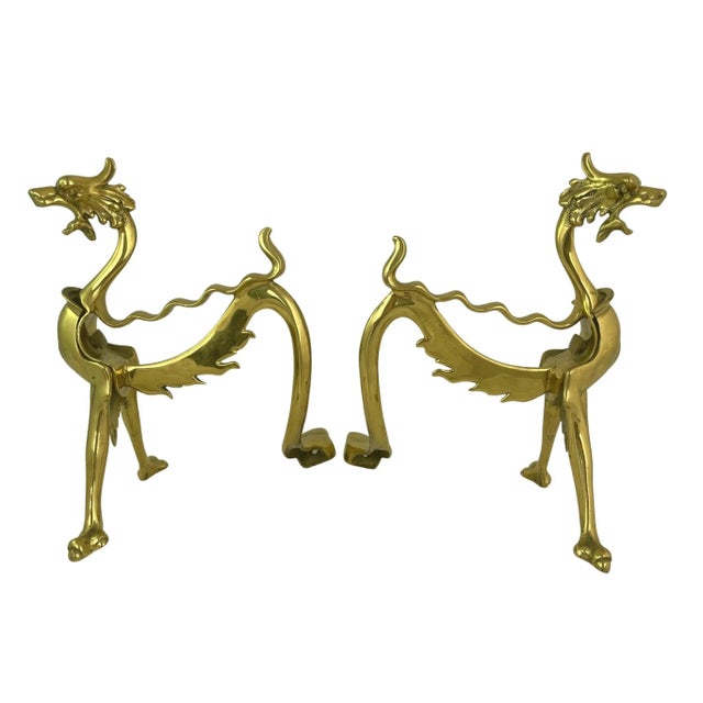 Mid 20th Century Mid-Century Brass Dragon Andirons - a Pair For Sale - Image 5 of 6