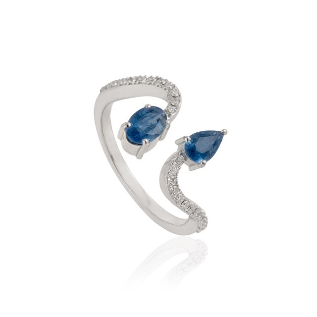 VR Jewels 14k Gold Pear & Oval Cut Blue Sapphire & Diamond Bypass Toi Et Moi Ring Size 4 For Sale - Image 4 of 17