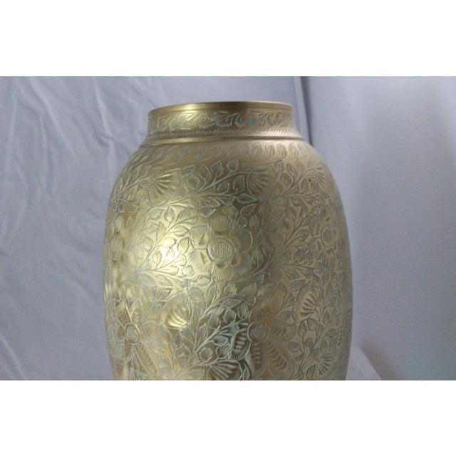 Early 20th Century Pair of Antique Chinese Etched Solid Brass Vases For Sale - Image 5 of 7