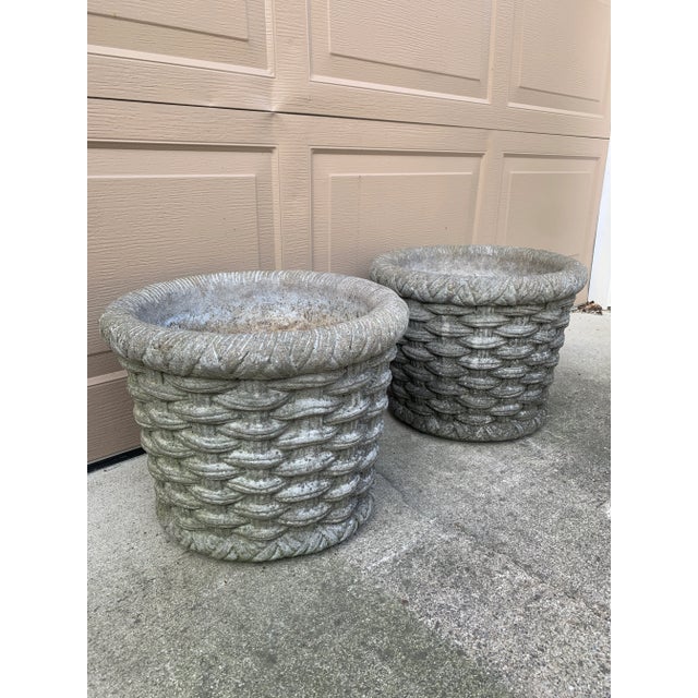 Late 20th Century Pair of Vintage French Country Basketweave Cast Concrete Garden Planters For Sale - Image 5 of 8