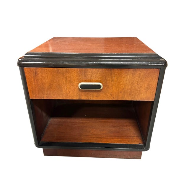 Pair of Two Toned Art Deco Cherry Wood & Lacquer Bedside Tables W/ Stepped Top For Sale In Los Angeles - Image 6 of 12