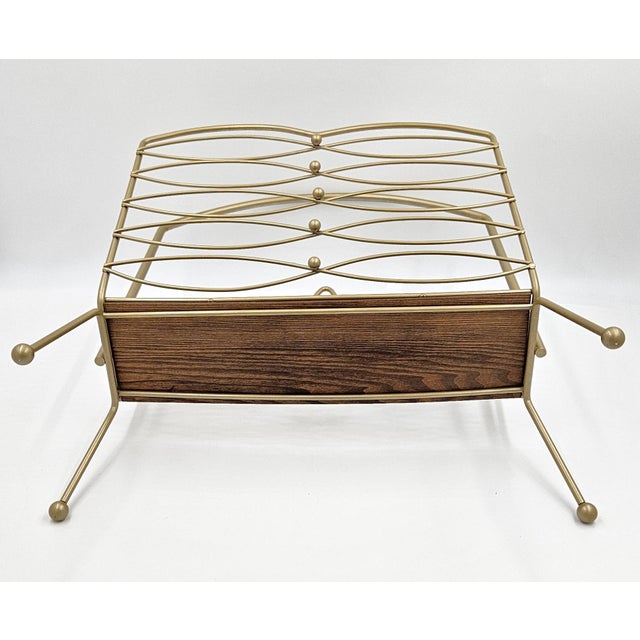 MCM Lacquered Brass & Teak Wood Magazine Lp Newspaper Rack Holder For Sale - Image 9 of 10
