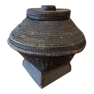 Vintage 17.5" Philippines Ifugao Rattan Woven Lidded Basket on Stand For Sale