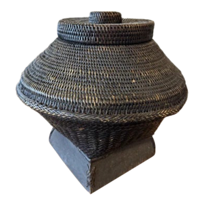 Vintage 17.5" Philippines Ifugao Rattan Woven Lidded Basket on Stand