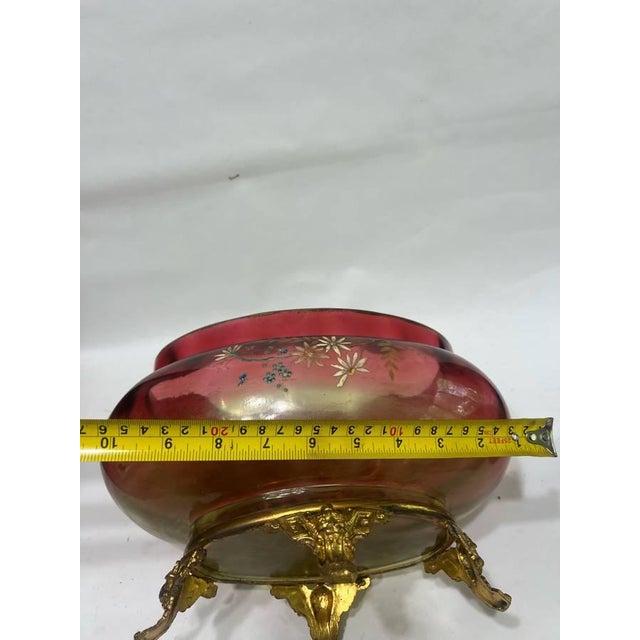 Bronze Early 20th Century Bohemian Cranberry Glass Footed Bowl With Gilt and Enamel Floral Decoration. For Sale - Image 8 of 12
