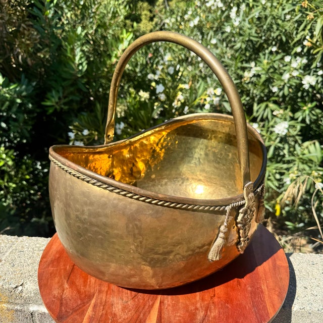 Mid 20th Century Large Sold Brass Decorative Basket With Tassel Accents and Movable Handle For Sale In Los Angeles - Image 6 of 12