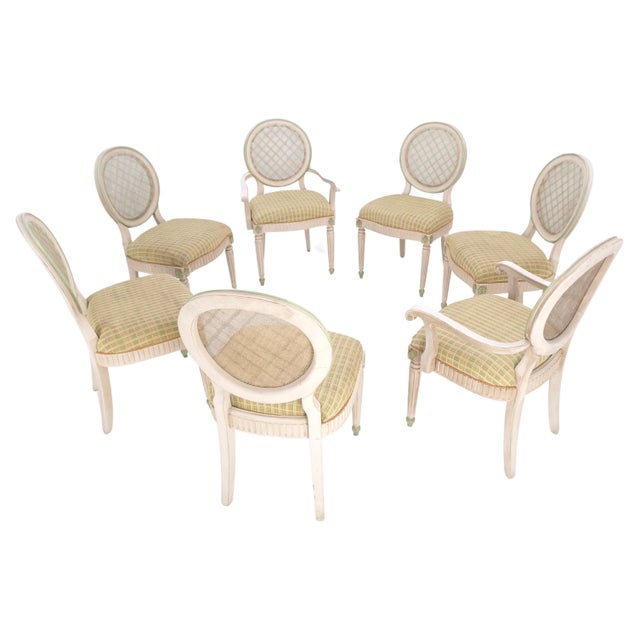 Swedish White Wash Paint Decorated Oval Cane Backs Dining Chairs - Set of 7 For Sale - Image 4 of 11