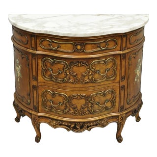 Vintage French Louis XV Style Bombe Demilune Marble Top Floral Painted Commode For Sale